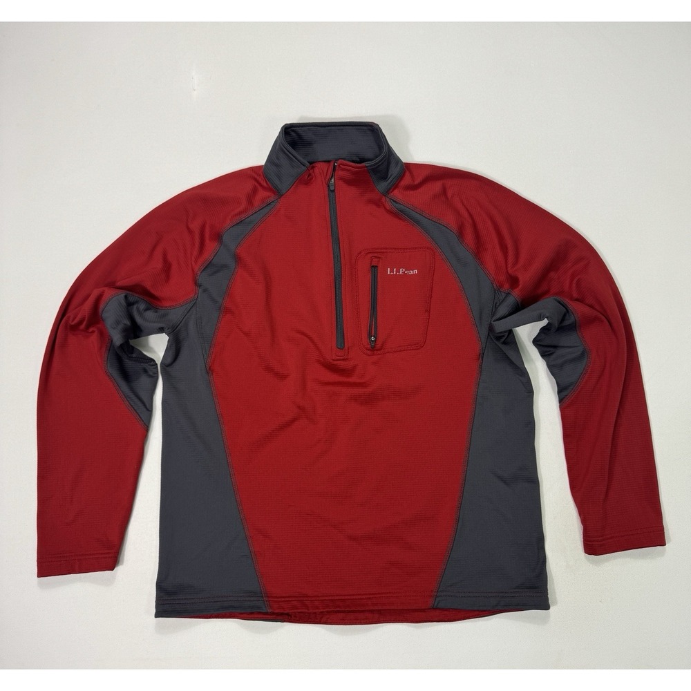 LL Bean Jacket Mens Medium Red Gray 1/2 Zip Pullover Pocket Stretch Outdoor Hike